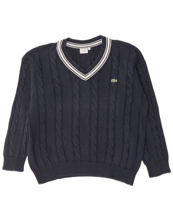 LACOSTE Mens V-Neck Jumper Sweater Size 6 XL Navy Blue Cotton
