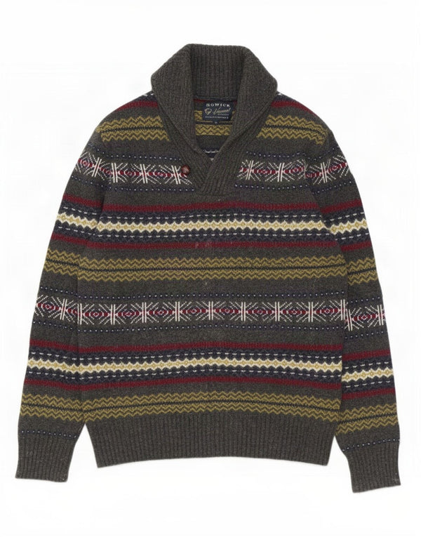Howick Mens Shawl Neck Jumper Sweater Medium Grey Fair Isle Lambswool