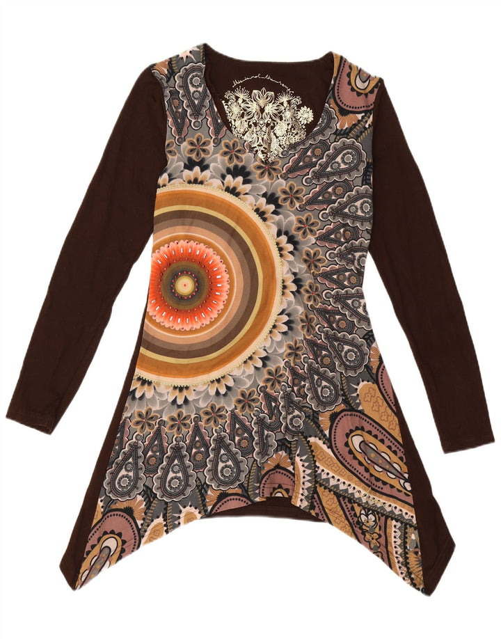 DESIGUAL Womens Graphic Asymmetric Tunic Top UK 10 Small Brown Floral