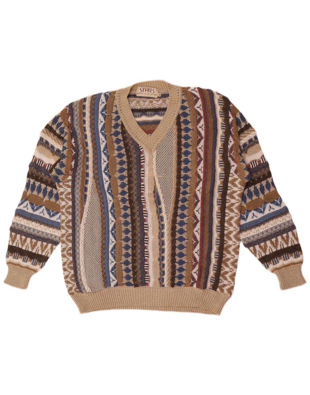 Sevres Mens V-Neck Jumper Sweater IT 50 Medium Multicoloured Geometric