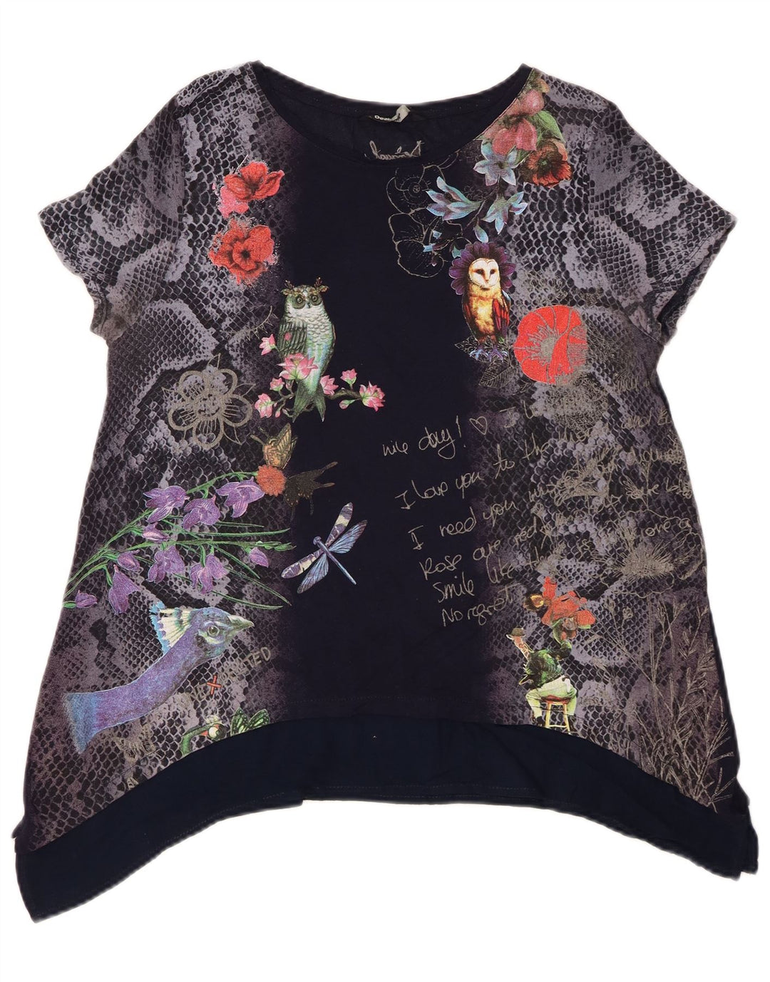 Desigual Womens Graphic Tunic Top UK 14 Medium Navy Blue Floral