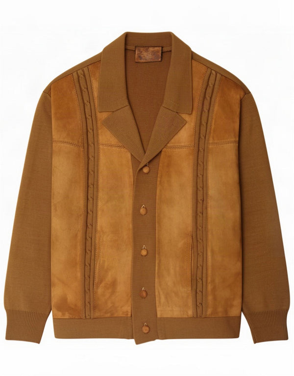 Vintage Mens Suede Cardigan Sweater Medium Brown Colourblock