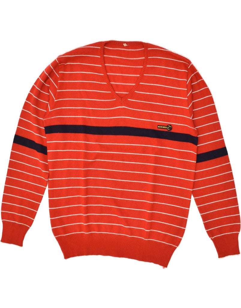 VINTAGE Mens V-Neck Jumper Sweater IT 50 Medium Red Striped Wool | Vintage Vintage | Thrift | Second-Hand Vintage | Used Clothing | Messina Hembry 