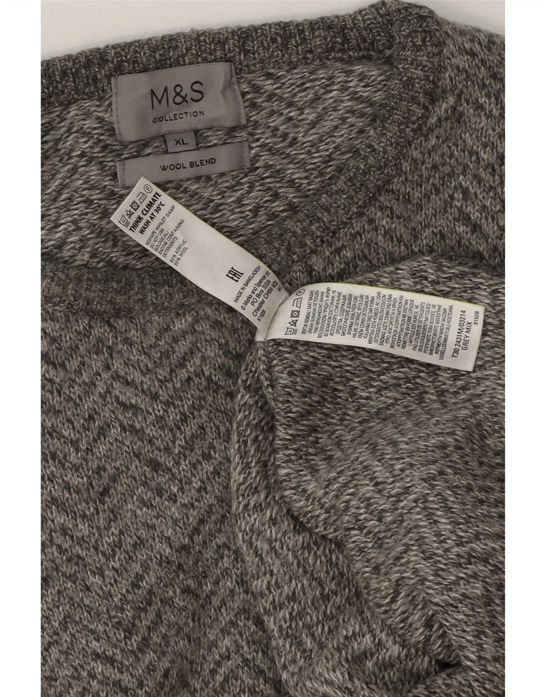 Marks & Spencer Mens Crew Neck Jumper Sweater XL Grey Herringbone Wool