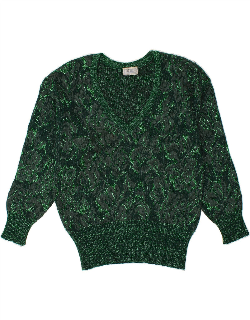 I BLUES Womens V-Neck Jumper Sweater IT 44 Medium Green Floral Viscose Vintage i Blues and Second-Hand i Blues from Messina Hembry 