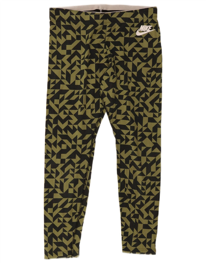 NIKE Womens Leggings UK 14 Large  Khaki Geometric Cotton