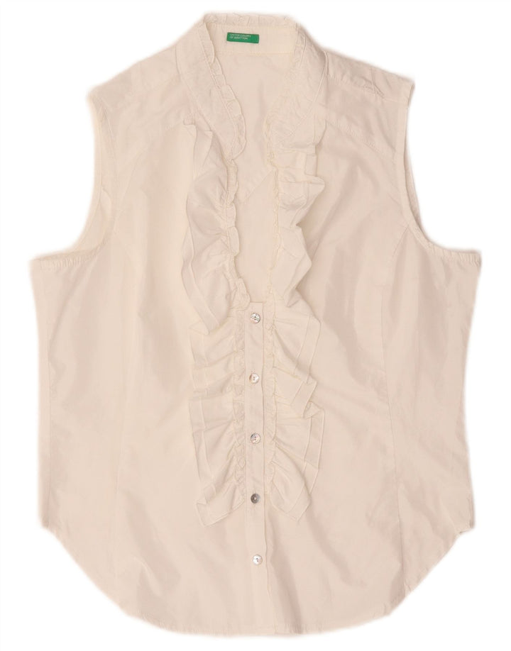 Benetton Womens Ruffle Front Sleeveless Shirt Blouse UK 14 Medium White