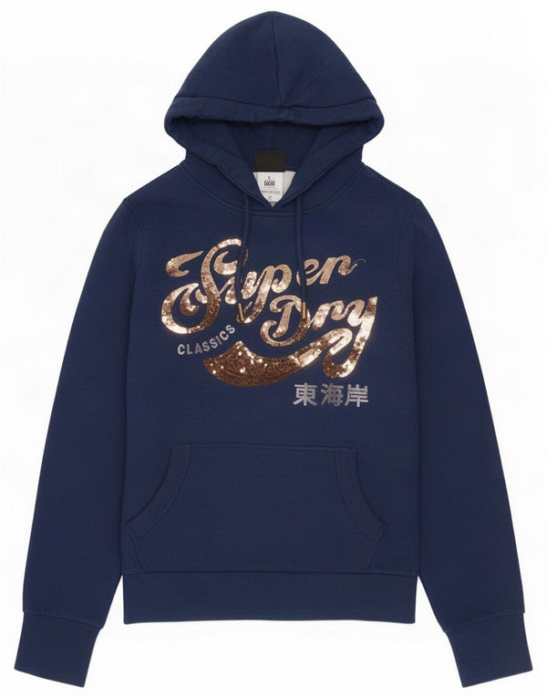 Superdry Womens Graphic Hoodie Jumper UK 10 Small Navy Blue Polyester