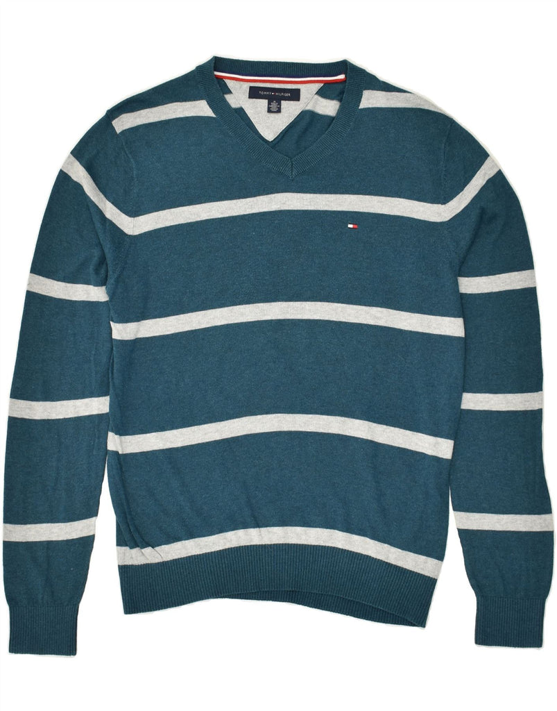 TOMMY HILFIGER Mens V-Neck Jumper Sweater Medium Green Striped Cotton | Vintage Tommy Hilfiger | Thrift | Second-Hand Tommy Hilfiger | Used Clothing | Messina Hembry 