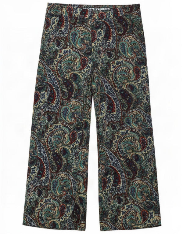 Zara Womens Wide Leg Cropped Trousers Medium W28 L24 Green Paisley