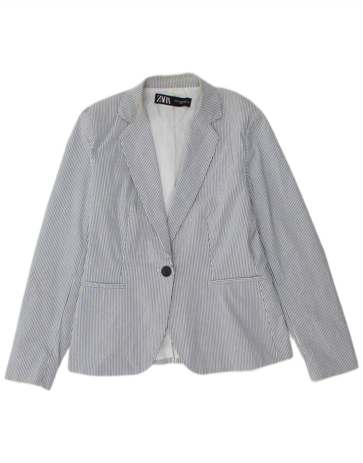 Zara Womens 1 Button Blazer Jacket EU 36 Small Blue Pinstripe Cotton