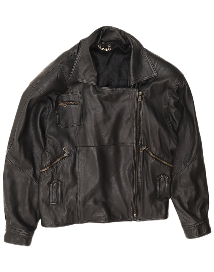 Vintage Womens Oversized Leather Biker Jacket UK 10 Small Black