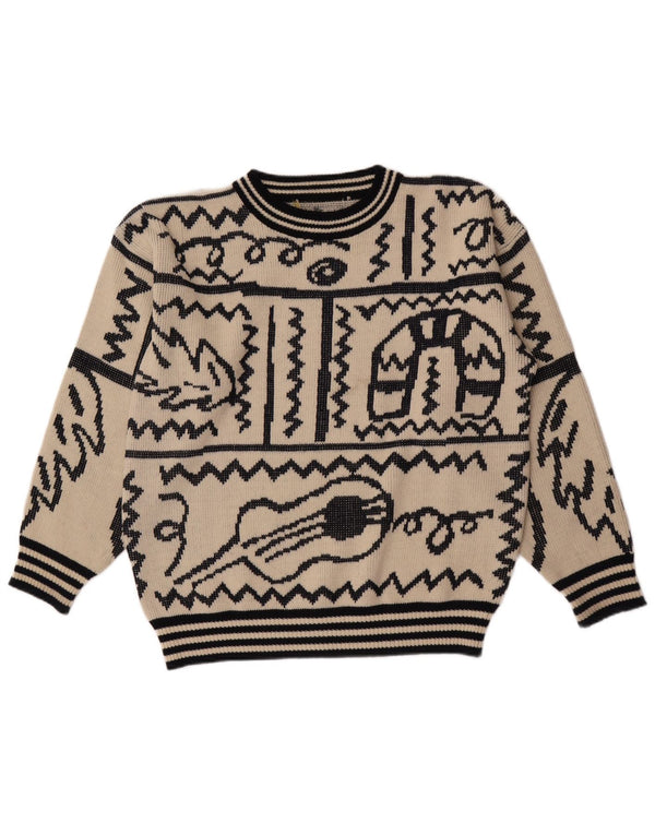 Vintage Mens Abstract Pattern Crew Neck Jumper Sweater Large Beige