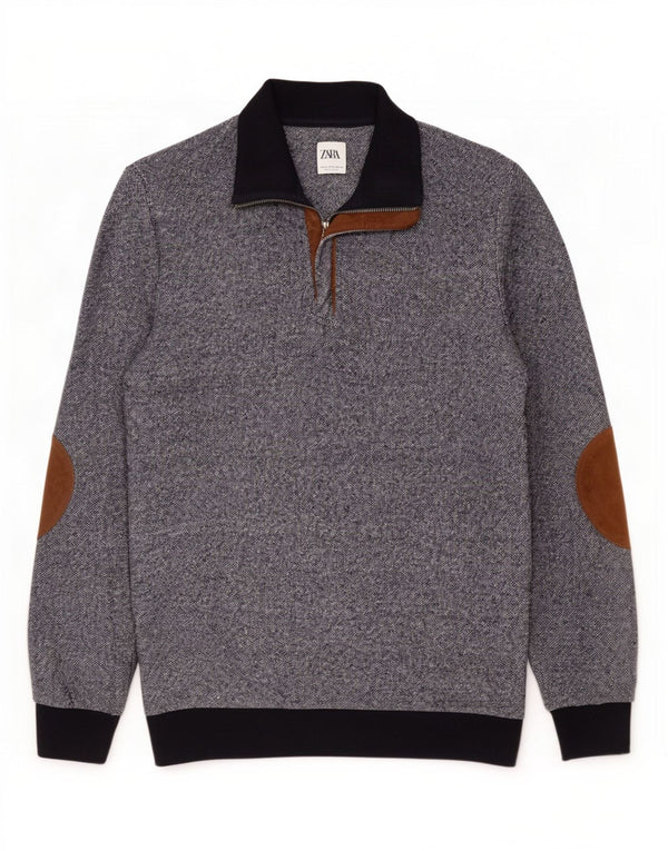 Zara Mens Zip Neck Jumper Sweater XL Navy Blue Flecked Cotton
