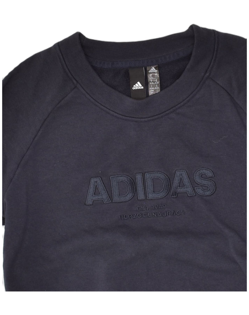 ADIDAS Womens Graphic Sweatshirt Jumper UK 8/10 Small Navy Blue Cotton | Vintage Adidas | Thrift | Second-Hand Adidas | Used Clothing | Messina Hembry 