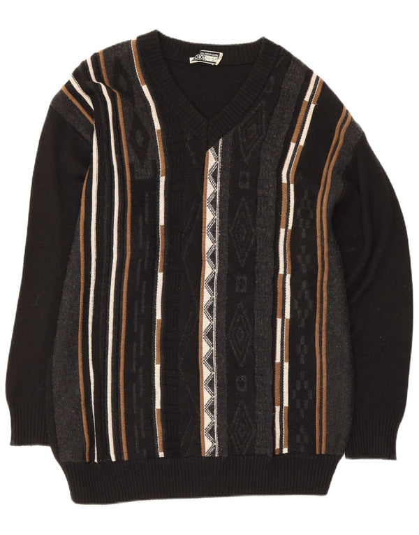 Vintage Mens V-Neck Jumper Sweater EU 46 Small Black Geometric Merino Wool
