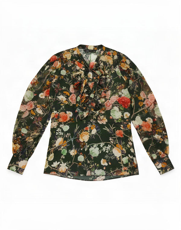 Zara Womens See Through Long Sleeve Blouse Top UK 12 Medium Green Floral