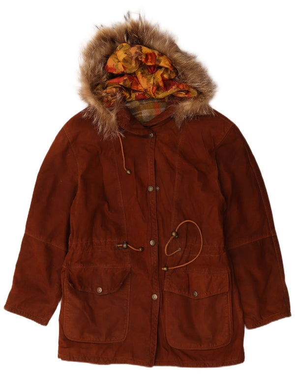 Vintage Womens Hooded Suede Jacket IT 42 Medium Brown Leather
