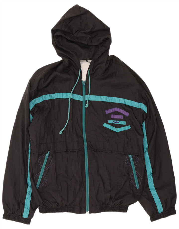 Vintage Mens Hooded Tracksuit Top Jacket XL Black Colourblock Polyamide