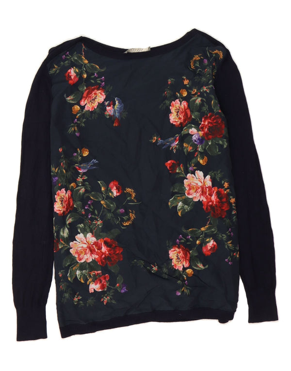 OASIS Womens Boat Neck Jumper Sweater UK 6 XS Navy Blue Floral Viscose