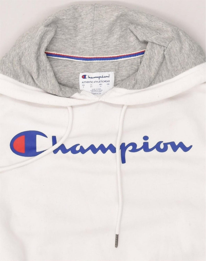 CHAMPION Mens Graphic Hoodie Jumper Small White Cotton | Vintage Champion | Thrift | Second-Hand Champion | Used Clothing | Messina Hembry 