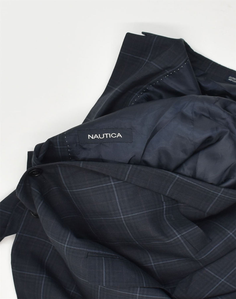 NAUTICA Mens 2 Button Blazer Jacket UK 46 3XL Navy Blue Check Polyester | Vintage Nautica | Thrift | Second-Hand Nautica | Used Clothing | Messina Hembry 