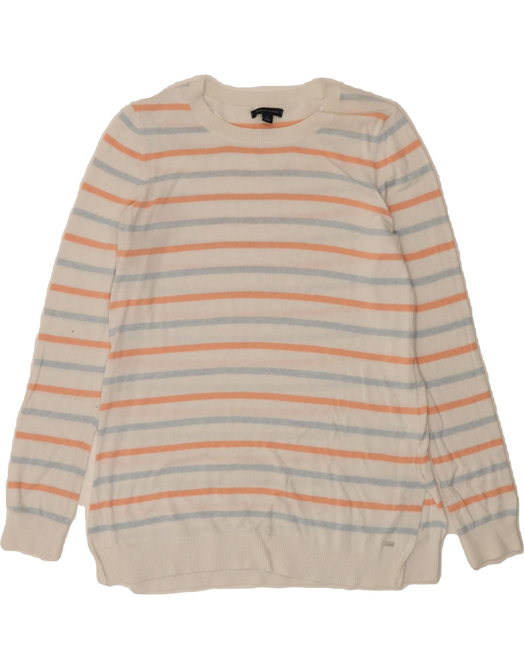 TOMMY HILFIGER Womens Crew Neck Jumper Sweater UK 12 Medium White Striped Vintage Tommy Hilfiger and Second-Hand Tommy Hilfiger from Messina Hembry 