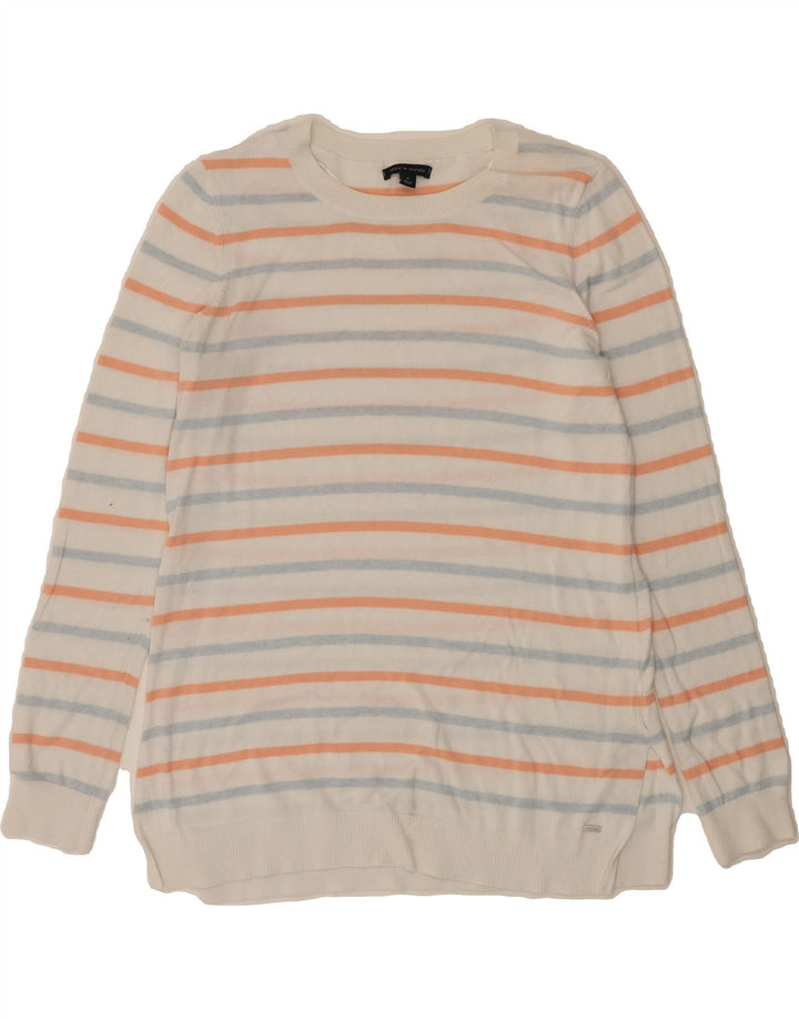 TOMMY HILFIGER Womens Crew Neck Jumper Sweater UK 12 Medium White Striped Vintage Tommy Hilfiger and Second-Hand Tommy Hilfiger from Messina Hembry 