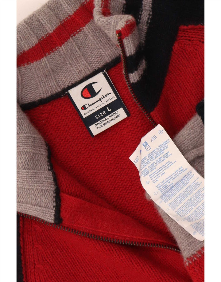 Champion Mens Regular Fit Cardigan Sweater Large Red Colourblock Lambswool