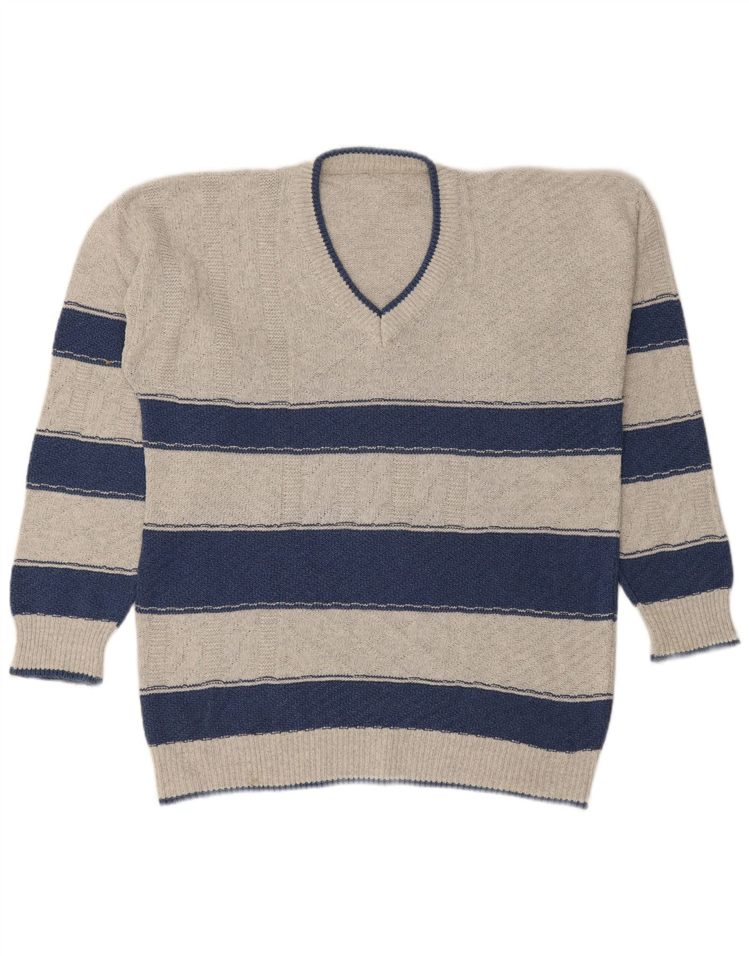 VINTAGE Mens V-Neck Jumper Sweater Large Grey Striped