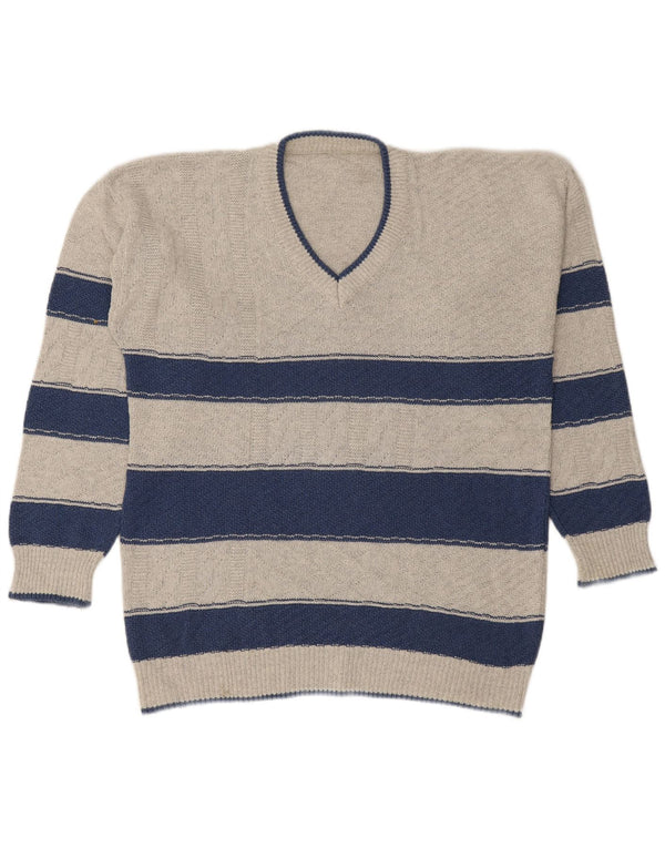 VINTAGE Mens V-Neck Jumper Sweater Large Grey Striped