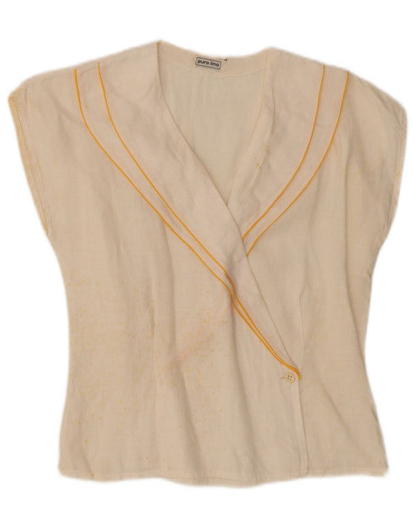 Vintage Womens Sleeveless Shirt Blouse UK 10 Small Off White Linen