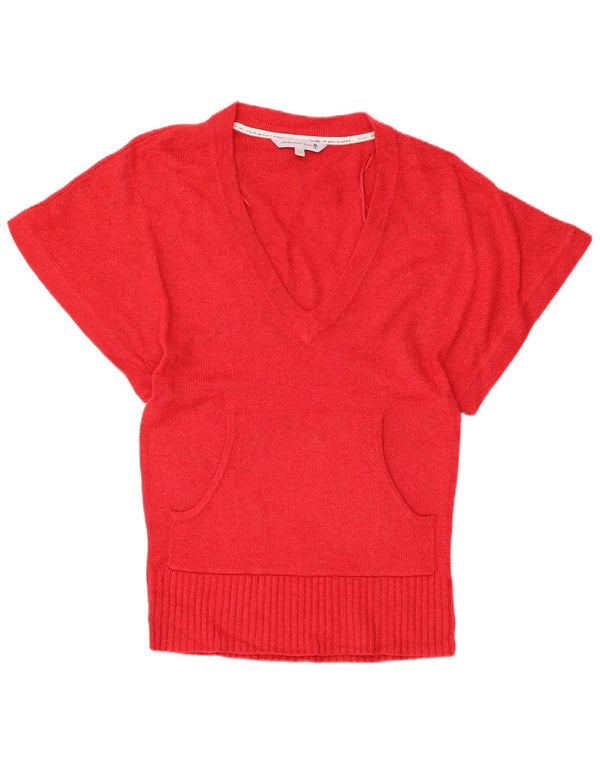 Fat Face Womens Short Sleeve V-Neck Jumper Sweater UK 12 Medium Red Viscose