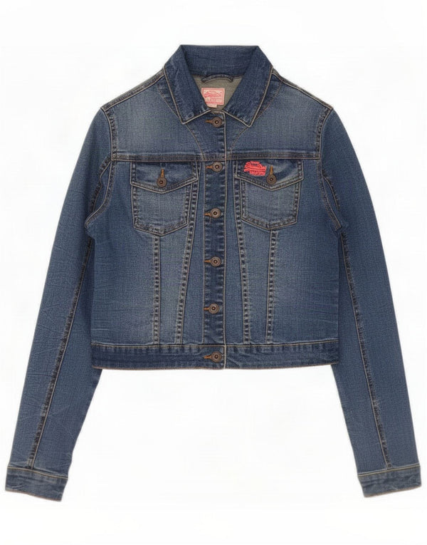 Superdry Womens Crop Denim Jacket UK 12 Medium Blue Cotton