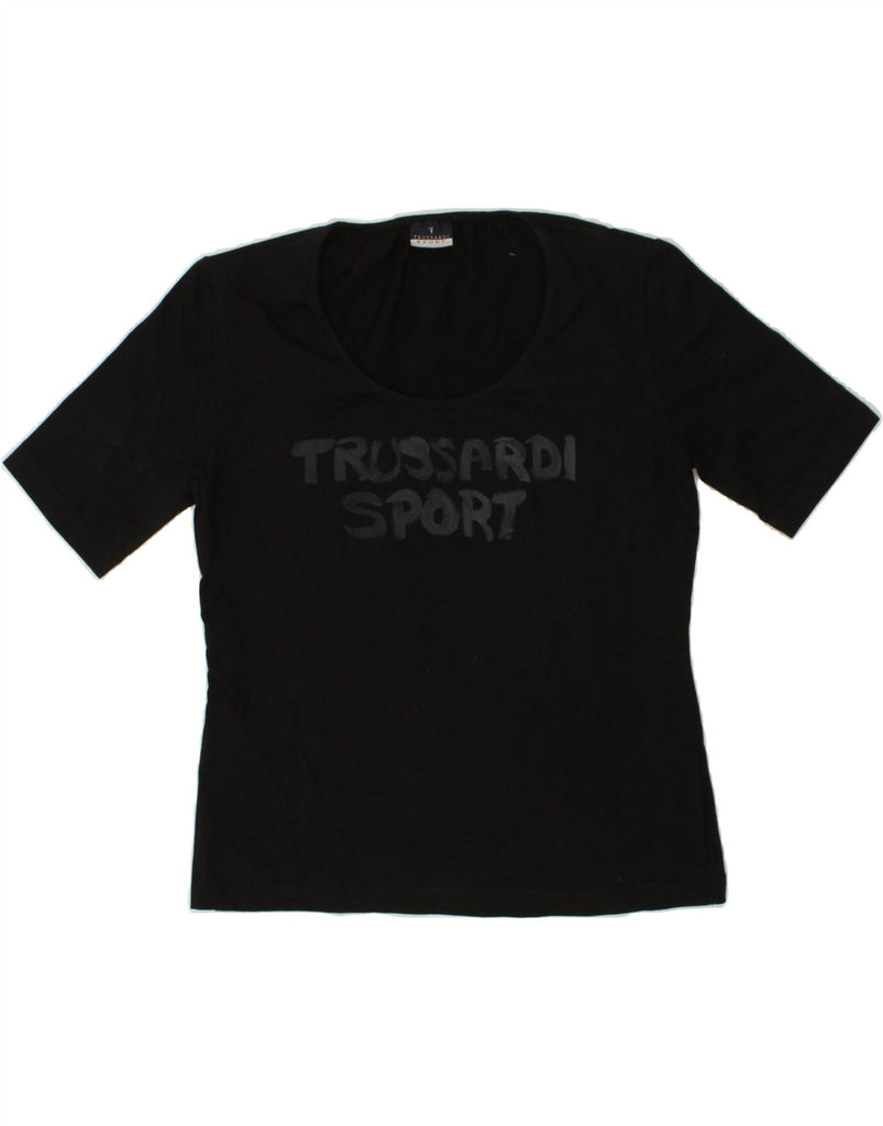 TRUSSARDI Womens Graphic T-Shirt Top UK 14 Large Black Cotton | Vintage Trussardi | Thrift | Second-Hand Trussardi | Used Clothing | Messina Hembry 