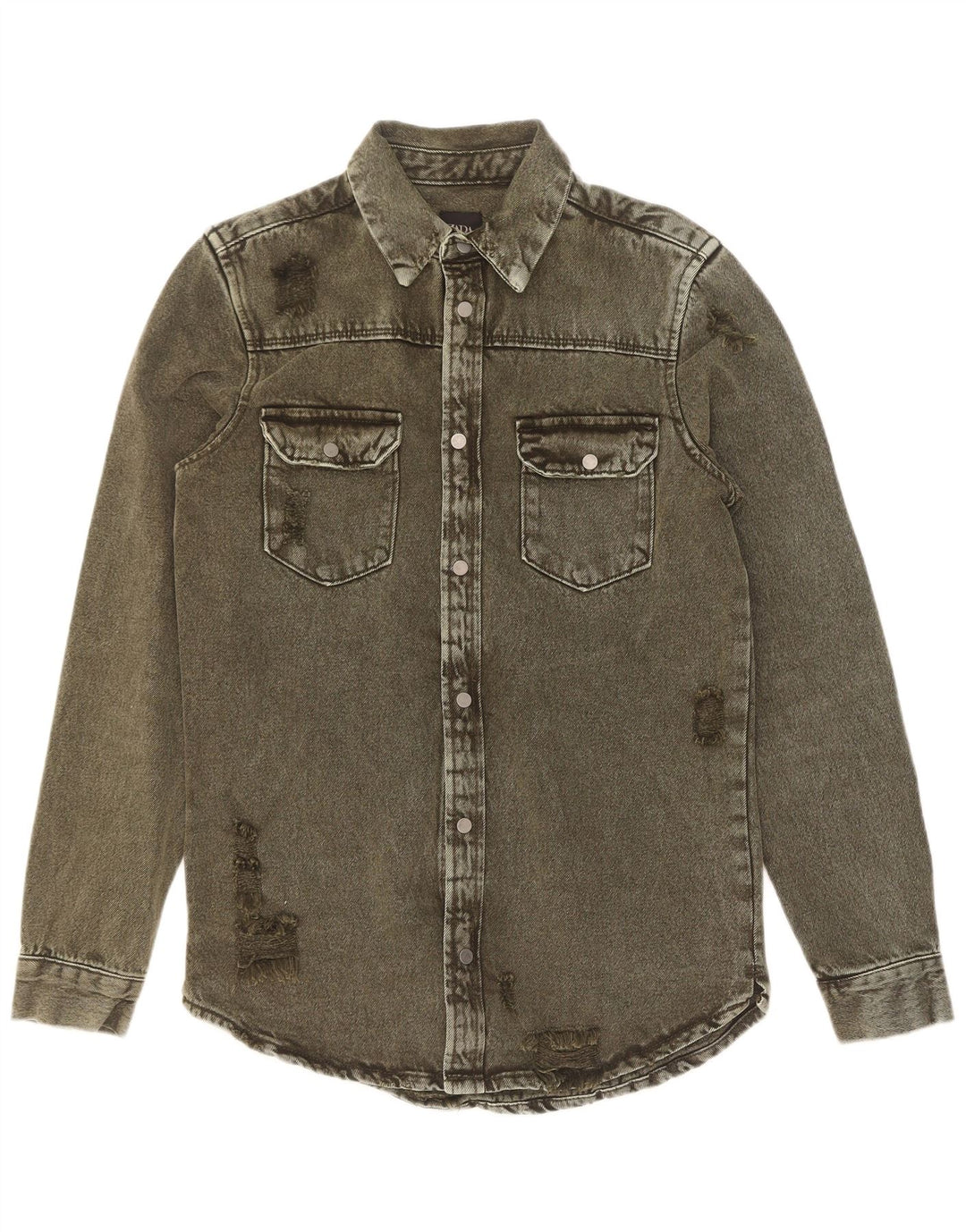 Zara Mens Distressed Relaxed Fit Denim Shirt Small Khaki Cotton