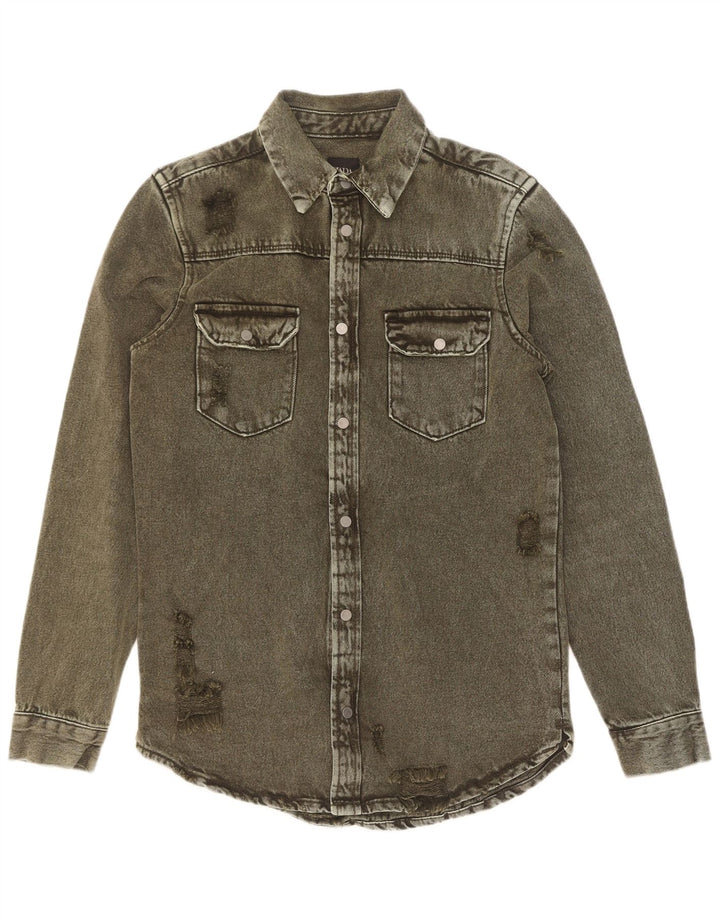 Zara Mens Distressed Relaxed Fit Denim Shirt Small Khaki Cotton