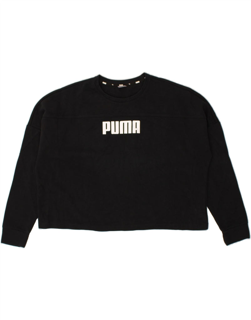 PUMA Womens Crop Graphic Sweatshirt Jumper UK 14 Medium Black | Vintage Puma | Thrift | Second-Hand Puma | Used Clothing | Messina Hembry 