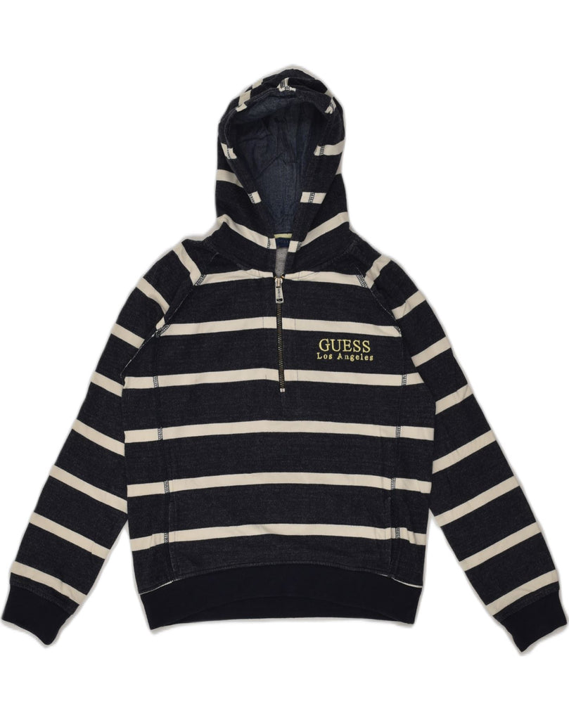 GUESS Boys Zip Neck Hoodie Jumper 9-10 Years Navy Blue Striped Cotton | Vintage Guess | Thrift | Second-Hand Guess | Used Clothing | Messina Hembry 