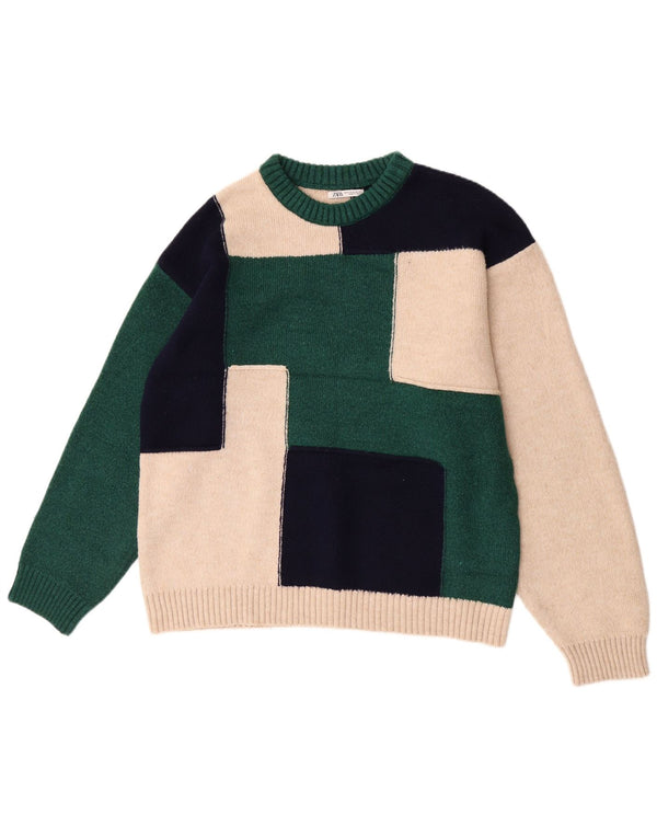 Zara Mens Boat Neck Jumper Sweater XL Green Colourblock Acrylic