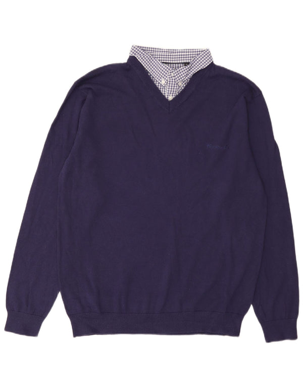 Pierre Cardin Mens V-Neck Jumper Sweater XL Navy Blue Cotton