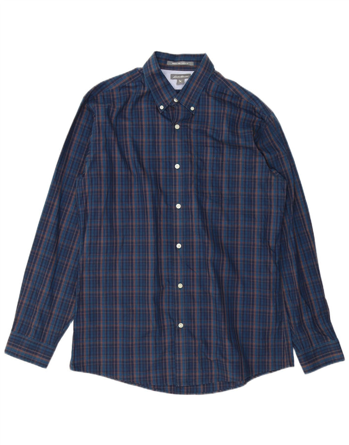 Eddie Bauer Mens Classic Fit Shirt Large Navy Blue Check Cotton