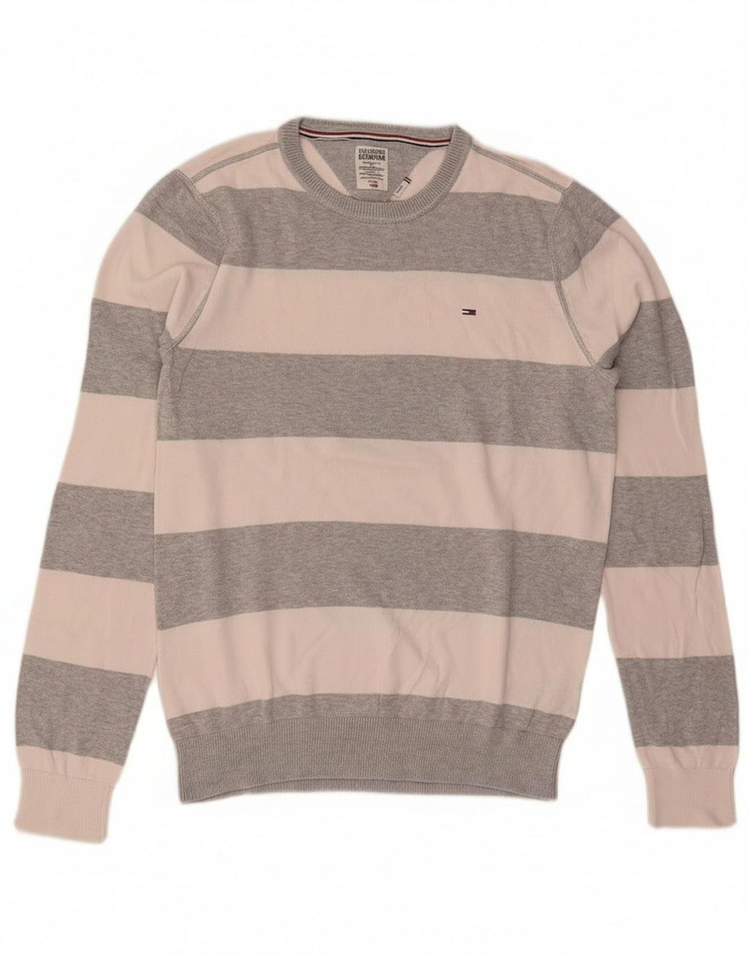 Tommy Hilfiger Mens Crew Neck Jumper Sweater Medium Grey Striped Cotton