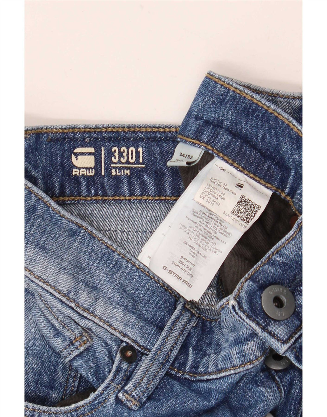 G-Star Mens 3301 Slim Jeans W34 L32 Blue Cotton