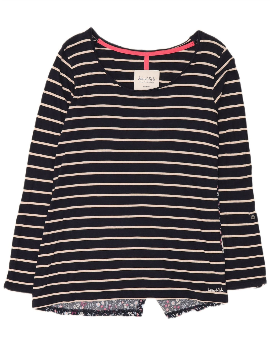 Weird Fish Womens Top Long Sleeve UK 12 Medium Navy Blue Striped Cotton