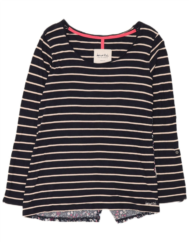Weird Fish Womens Top Long Sleeve UK 12 Medium Navy Blue Striped Cotton