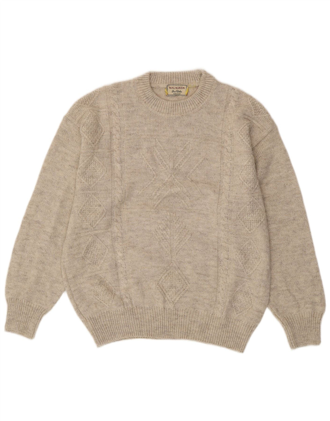 MALAGRIDA Mens Crew Neck Jumper Sweater Large Beige Geometric