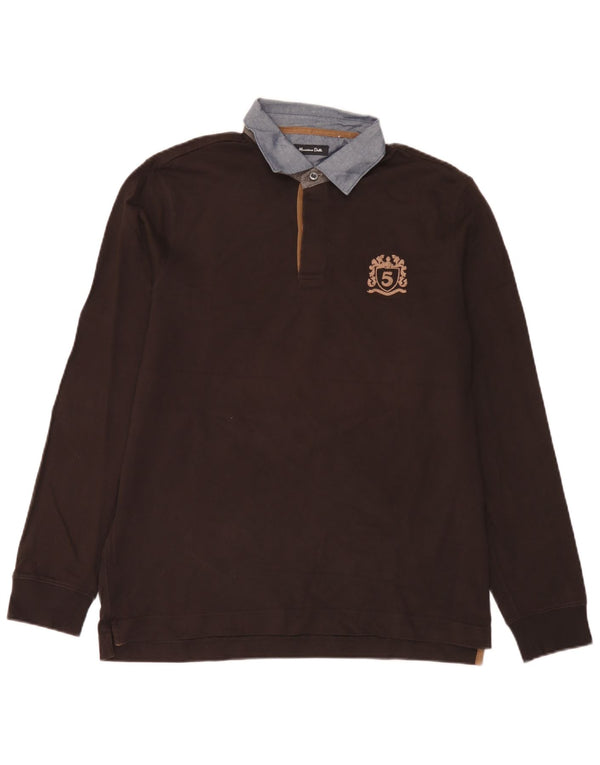 Massimo Dutti Mens Long Sleeve Rugby Polo Shirt XL Brown Colourblock Cotton