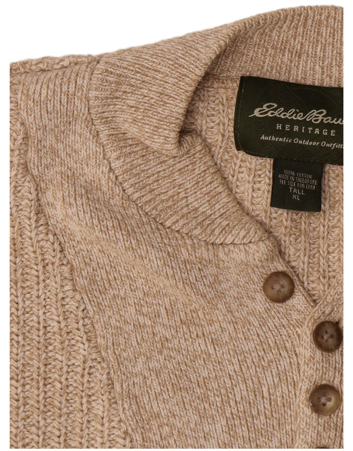 Eddie Bauer Mens Tall Button Neck Jumper Sweater XL Beige Cotton