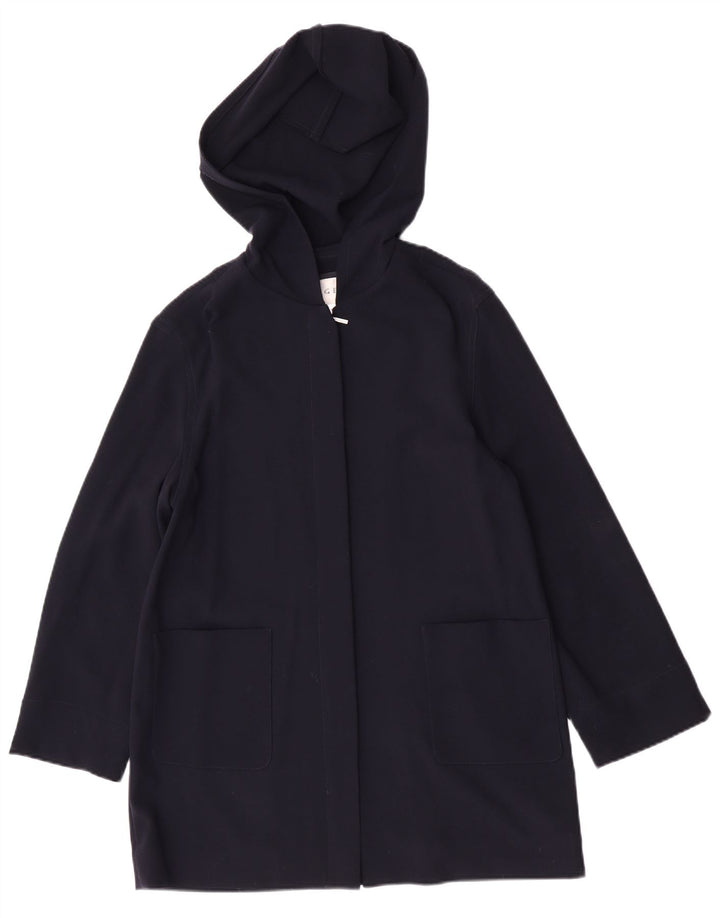 Jaeger Womens Hooded Oversized Overcoat UK 10 Small Navy Blue Virgin Wool